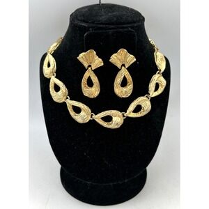 Vtg Chunky Collar Necklace &‎ Earrings Texture Curb Chain Link Gold Tone Heavy
